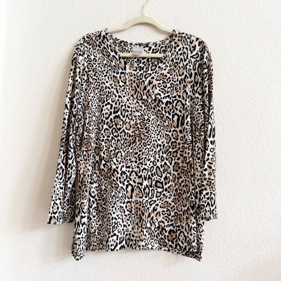 Chicos Leopard Print Tunic Top Womens Size 3 XL Brown Animal Print 3/4 Sleeve - Picture 2 of 9